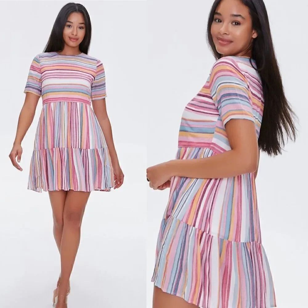 Forever 21 short sleeve ruffle Striped Flounce-Hem Mini Boho romantic Dress-S